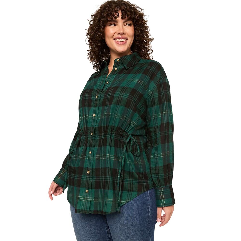 Lane Bryant Green & Gold Plaid Relaxed Tie Waist Tunic Top, Plus Size 14/16